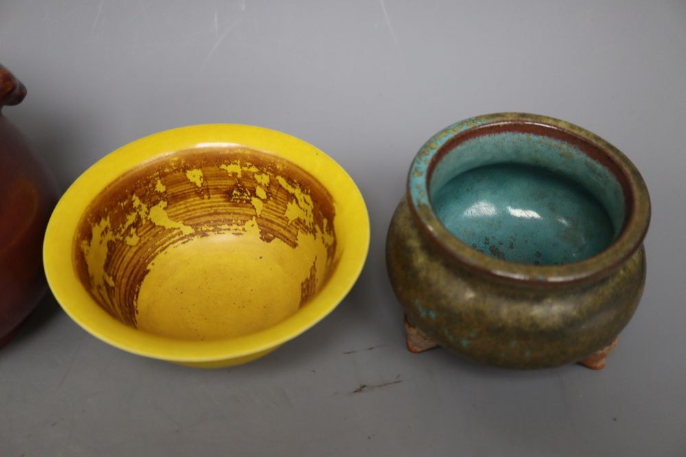 A Chinese Jun type jar, a similar censer, a hu vase and a yellow glazed bowl